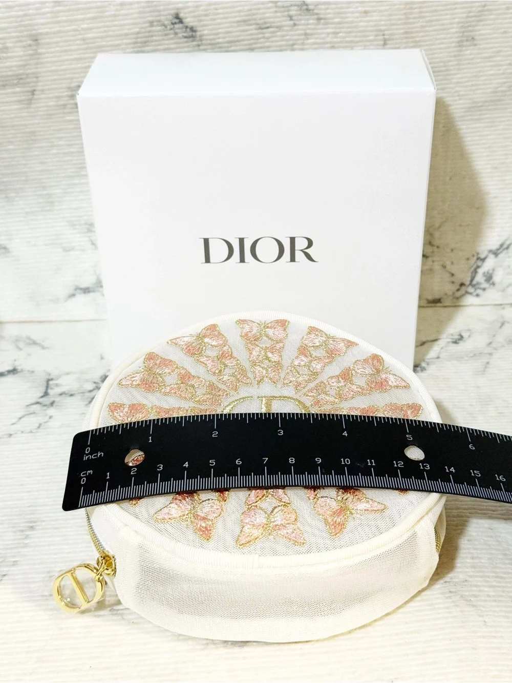 Dior Beauty Pink and Gold Butterfly Embroidered Round Pouch w/ Matching Gift Bag